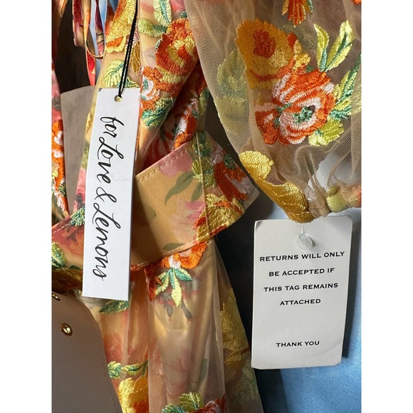 For Love & Lemons Floral Mini Dress Large Golden Yellow Plunge Short Sleeve Nwt - Picture 9 of 15
